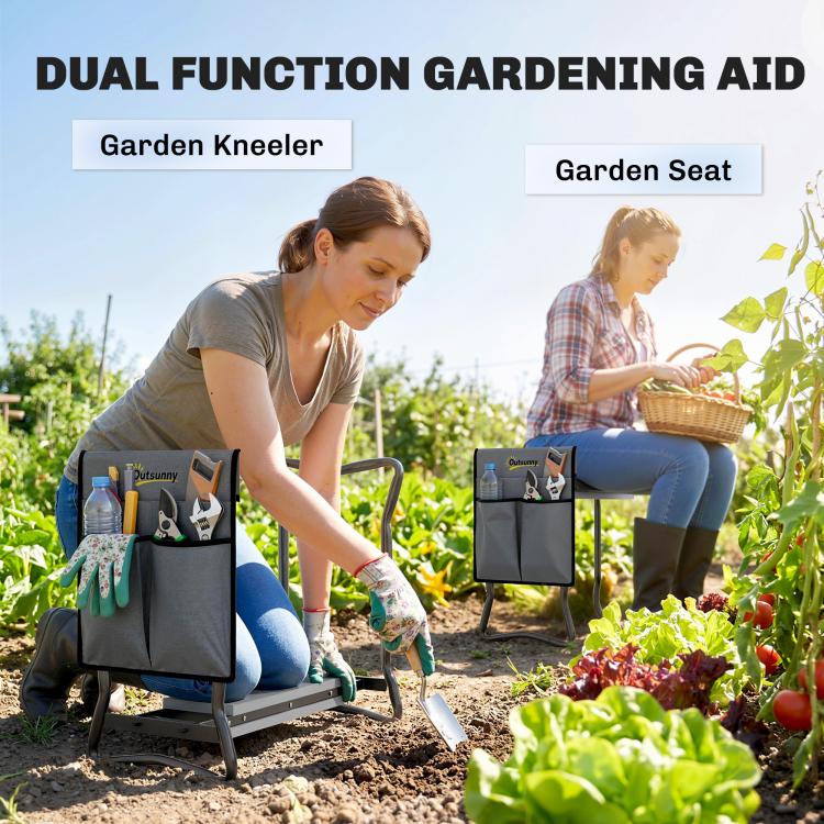 Gray dual-function garden kneeler and seat with tool pouch on foldable steel frame.