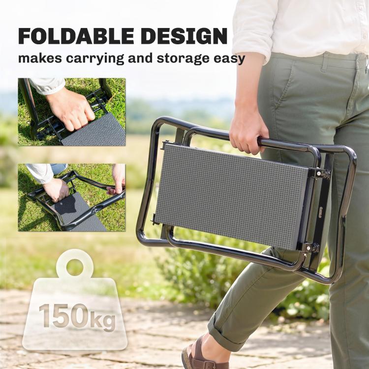 Foldable gray garden kneeler with padded mesh seat and steel carry handle.