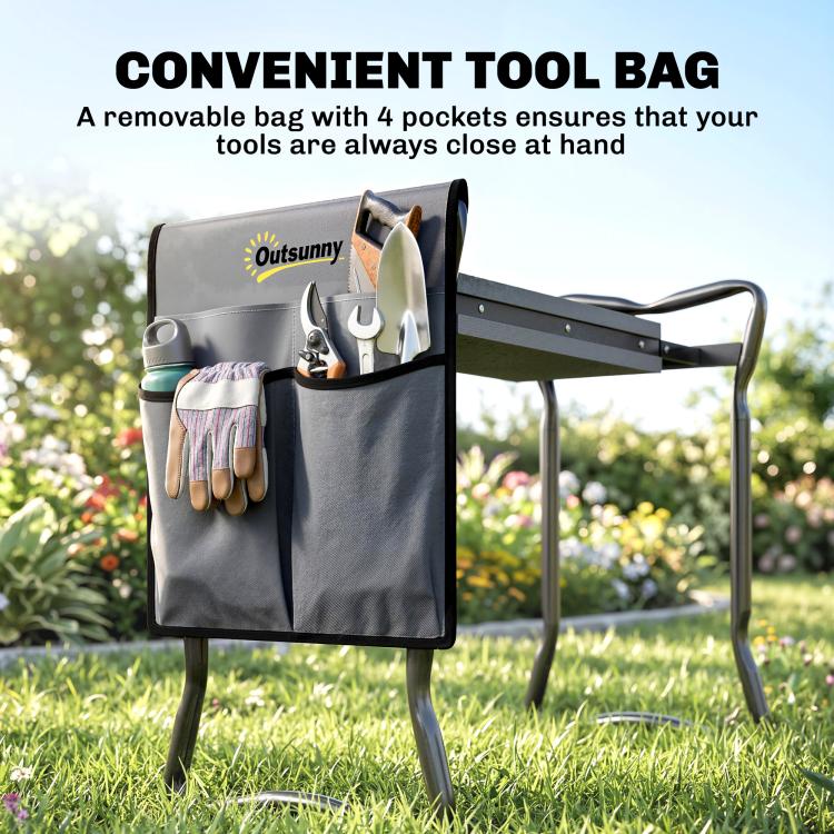 Gray removable tool bag with four pockets attached to garden kneeler/seat, Outsunny.