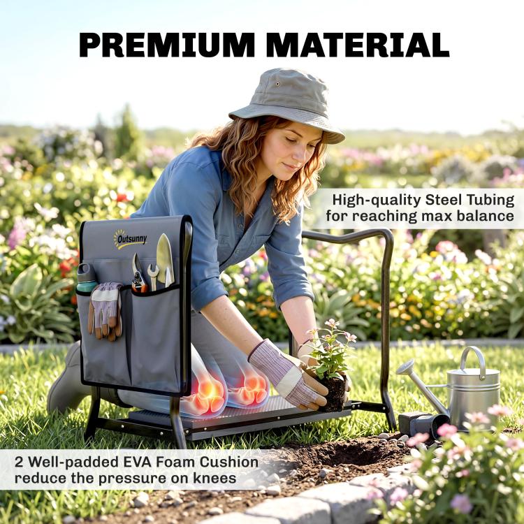 Gray EVA knee cushion and steel frame on garden kneeler with tool pouch, padded support.