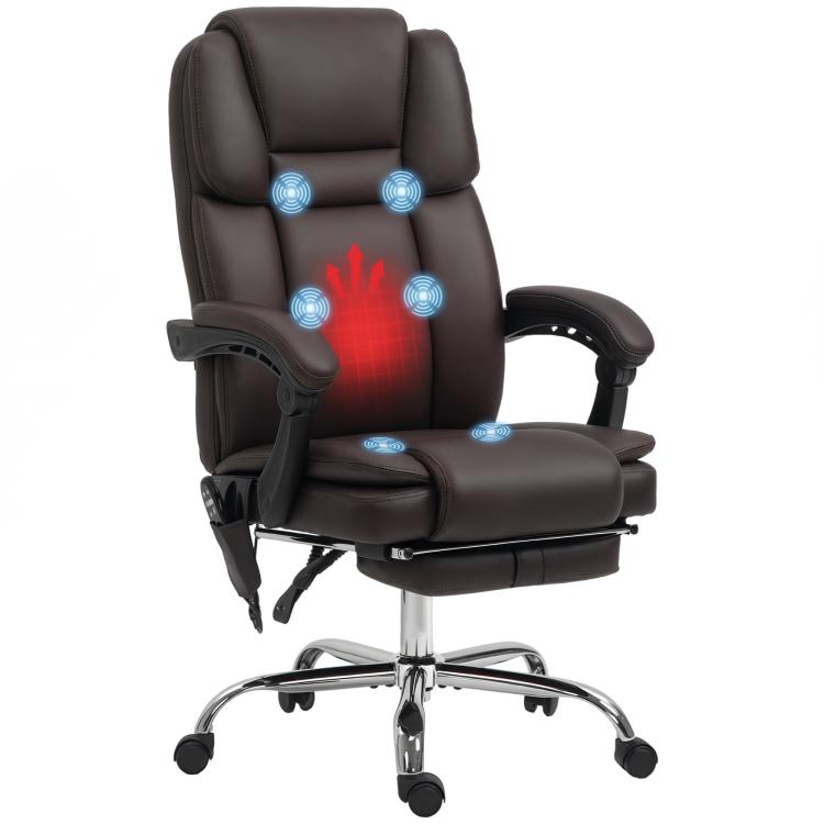 Brown PU leather reclining office chair with padded headrest and armrests