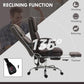 Brown PU leather reclining office chair angled back with footrest and armrests