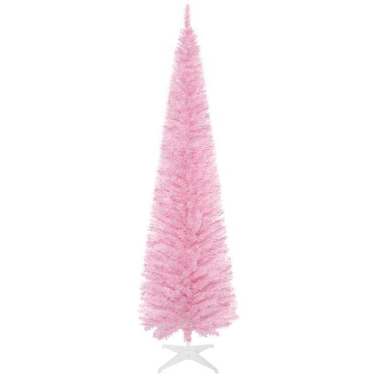 Pink pencil artificial Christmas tree, full silhouette with unlit realistic branches