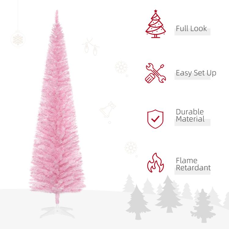 Pink unlit artificial Christmas tree with dense tips, shown with setup icons
