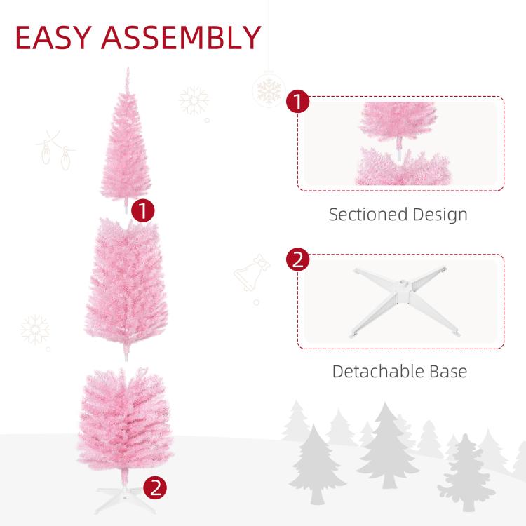 Pink unlit artificial Christmas tree with sectioned design and detachable base diagram