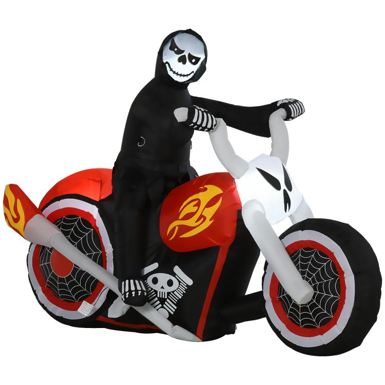 Inflatable ghost biker yard decoration with black hood skull face and red flame tires
