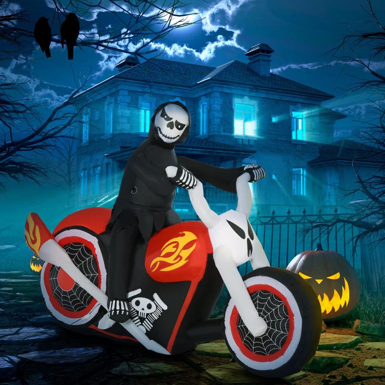 Inflatable grim ghost biker with glowing look, black hood, white arms, and red flame shield