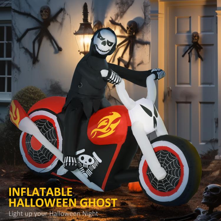 Light-up inflatable grim ghost biker with black hood, skull face, and flame emblem