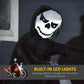 Inflatable grim ghost rider head and shoulders with black hood and white skull face