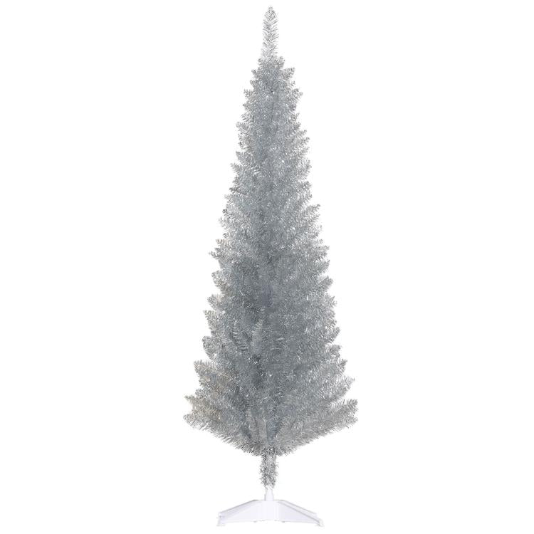 Silver unlit pencil artificial Christmas tree, full narrow silhouette with white tripod base