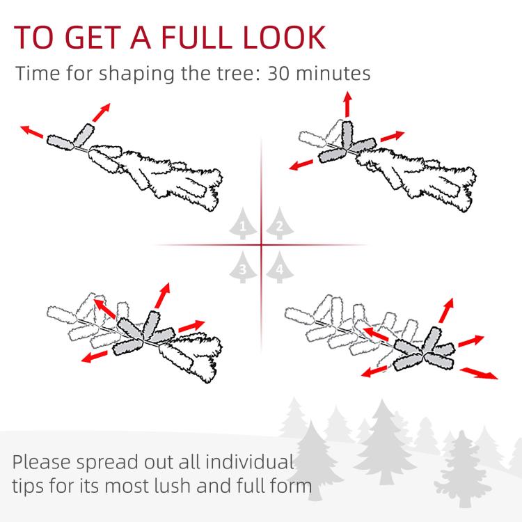 Unlit pencil artificial Christmas tree tip-fluffing diagram for full look