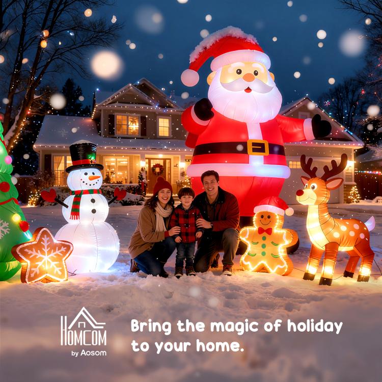 Holiday inflatable yard decorations: Santa, snowman, reindeer, gingerbread with lights