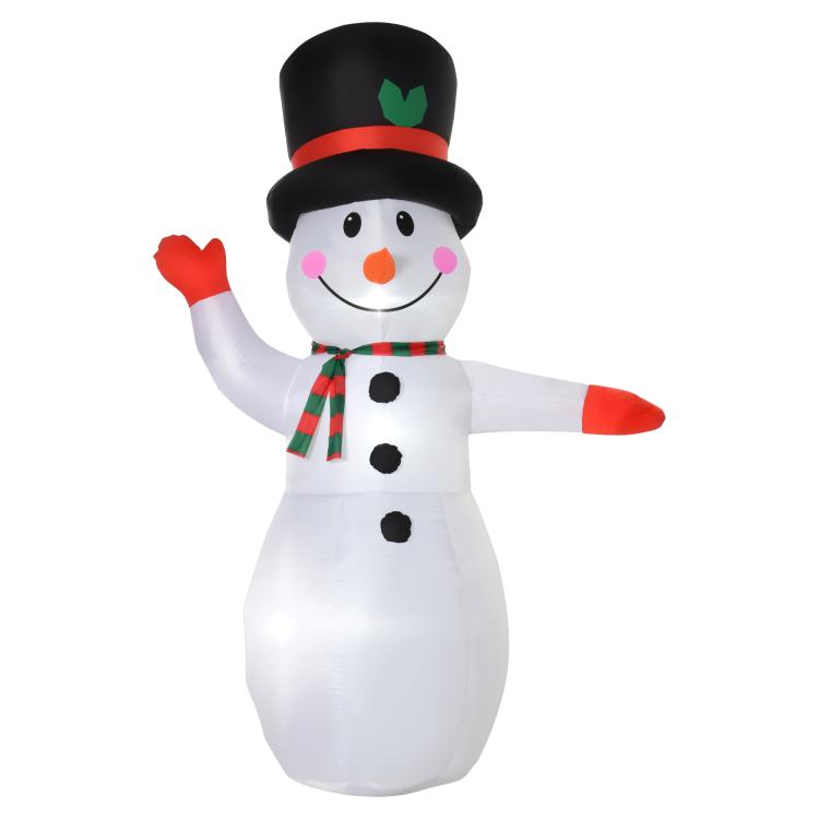 White snowman yard inflatable with black top hat, pink cheeks, and red scarf