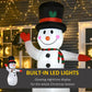 Inflatable snowman with black top hat, orange nose, green striped scarf and built-in LED lights