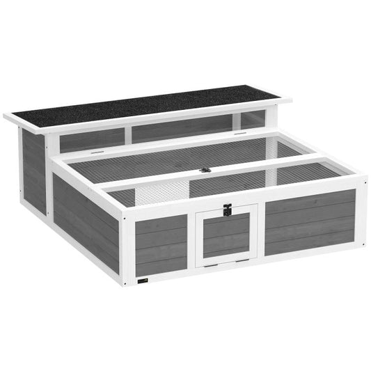 Dark gray wooden tortoise enclosure with openable top and mesh run, clear window