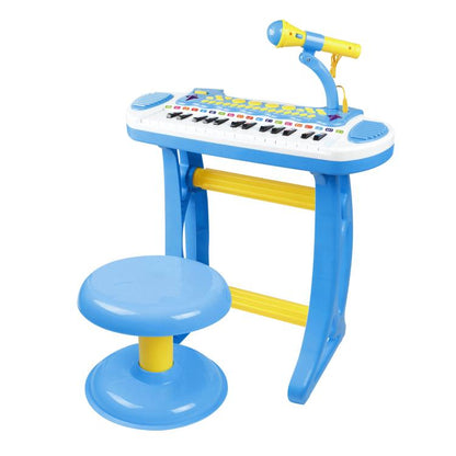 Blue kids electronic toy keyboard with microphone and matching round stool