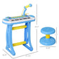 Kids toy keyboard piano in blue with adjustable microphone and two-part stool