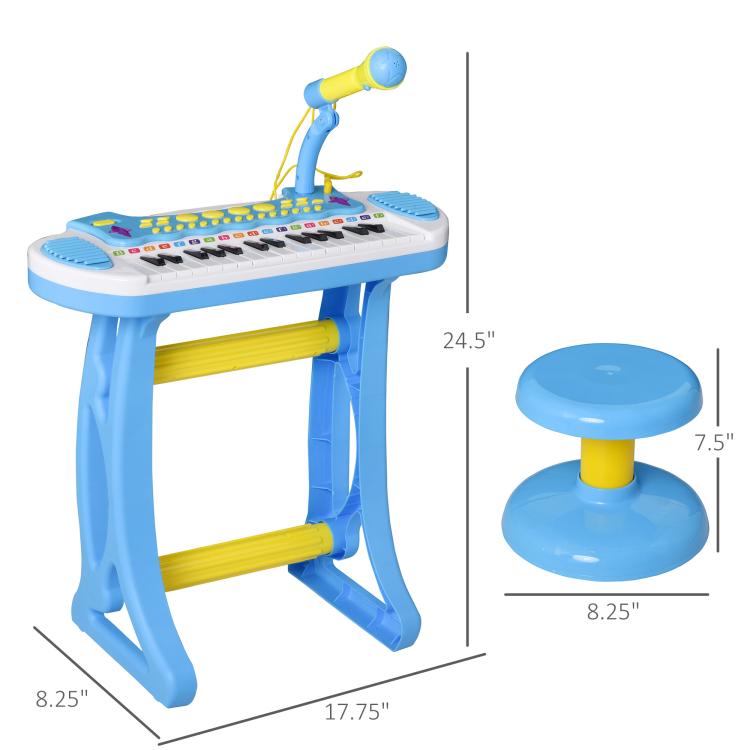 Kids toy keyboard piano in blue with adjustable microphone and two-part stool