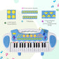 Front view of blue kids electronic toy keyboard with colorful control buttons