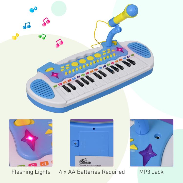 Blue toy keyboard piano with flashing light effects and microphone, plus MP3 jack
