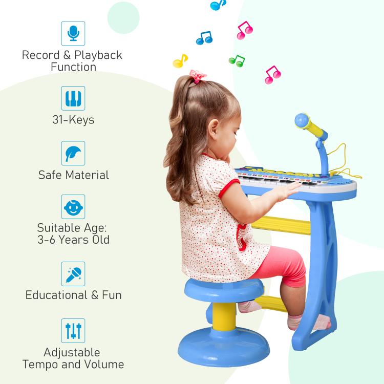 Child using blue kids toy keyboard piano with adjustable microphone and stool