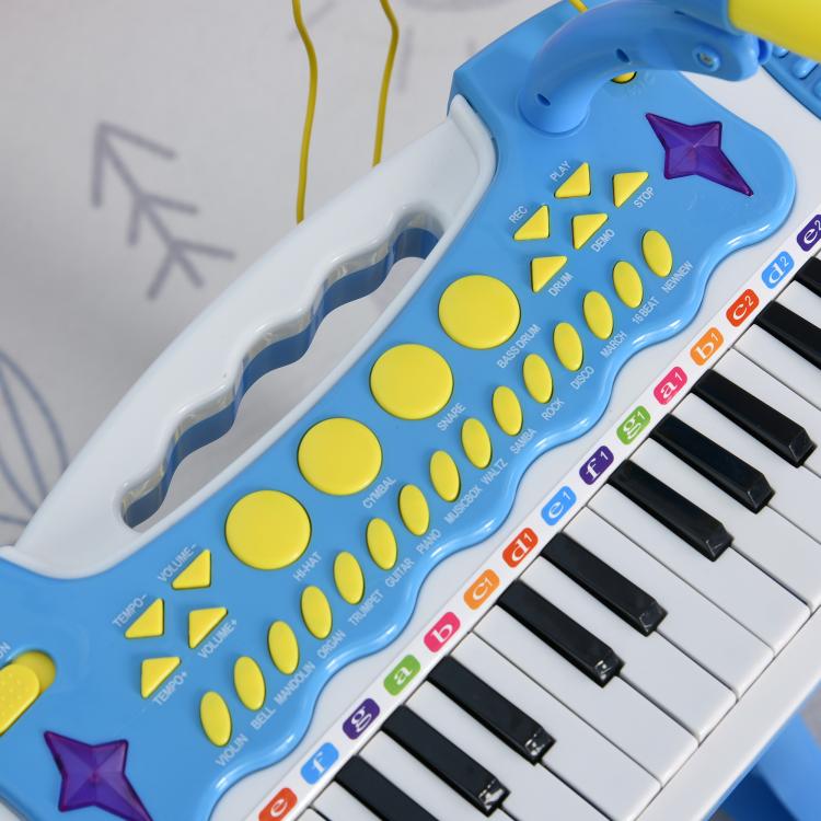 Close-up of blue toy keyboard piano keys and colorful sound-control buttons