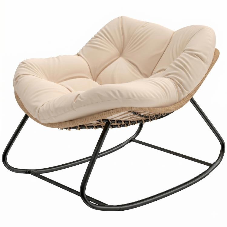 Oversized cream cushion rocking papasan chair on black steel base