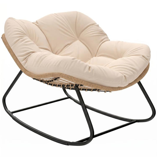 Cream white upholstered papasan rocking chair with curved cushion and black metal frame