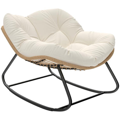 Cream cushioned papasan-style rocking chair with black metal frame and woven base