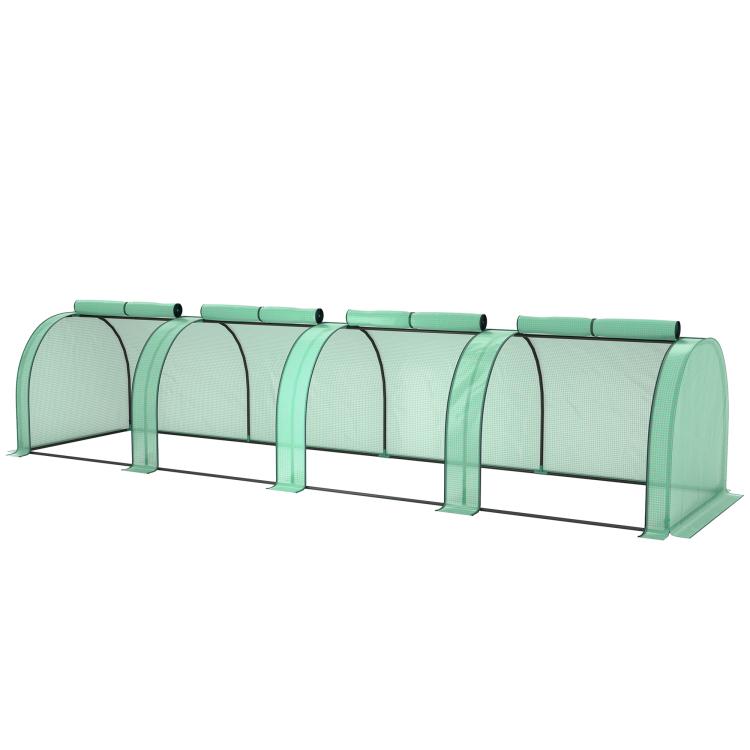 Green fabric tunnel greenhouse with arched support hoops along the length