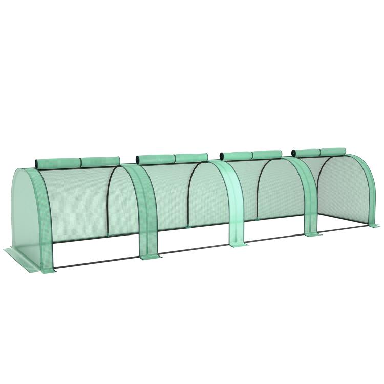 Green tunnel greenhouse with arched frame and zippered end doors on translucent cover