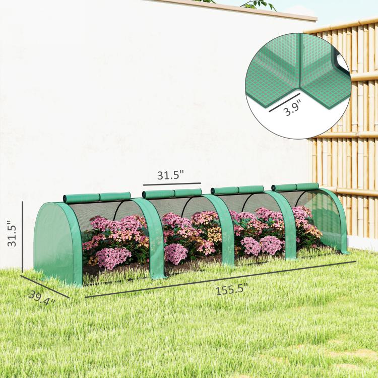 Green tunnel greenhouse with translucent cover and arched end supports