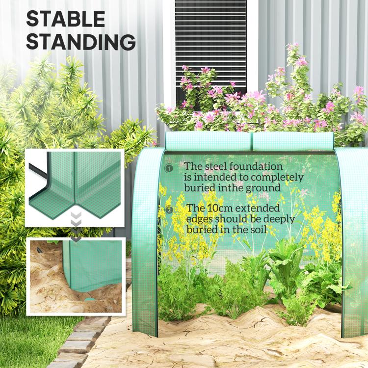 Green tunnel greenhouse with end wall and PE cover supported by steel foundation