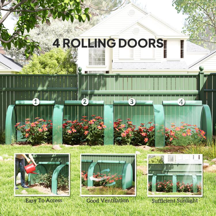 Green tunnel greenhouse with four roll-up door sections for ventilation