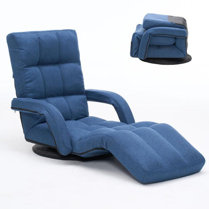 Blue fabric floor recliner chair with footrest and armrests, 360° swivel base