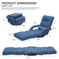 Blue upholstered floor chair recliner with extended footrest and armrests