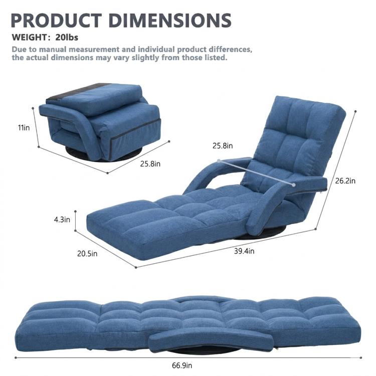 Blue upholstered floor chair recliner with extended footrest and armrests