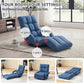 Blue floor recliner chair with padded backrest and footrest, shown reclined