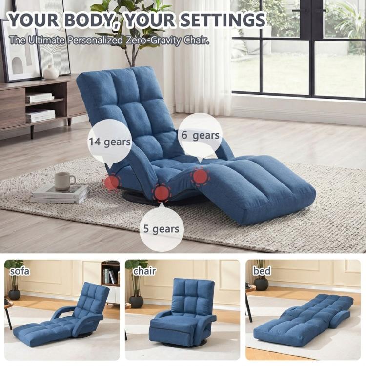 Blue floor recliner chair with padded backrest and footrest, shown reclined