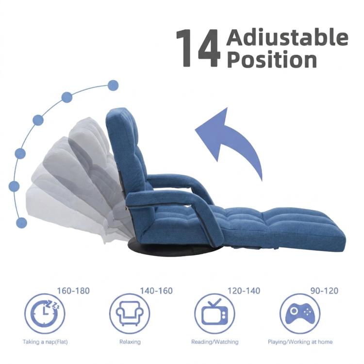 Blue adjustable floor recliner chair with footrest, 14-position reclining