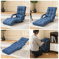Blue fabric floor recliner chair with armrests and footrest, upright to recline