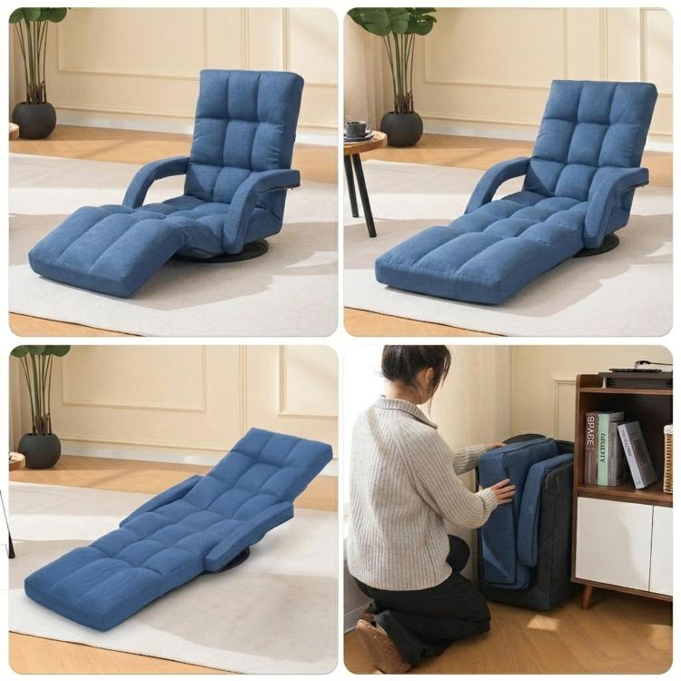 Blue fabric floor recliner chair with armrests and footrest, upright to recline