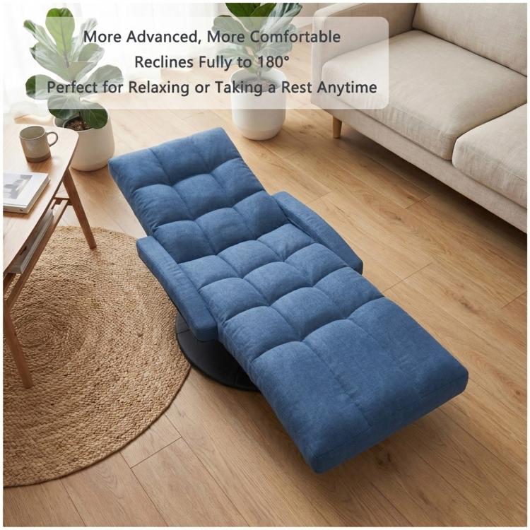 Blue zero-gravity style floor recliner with padded footrest and reclined seat