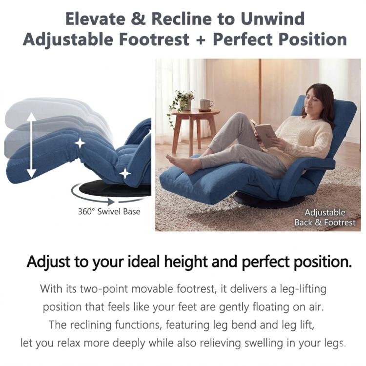 Blue reclining floor chair with adjustable footrest and 360° swivel base