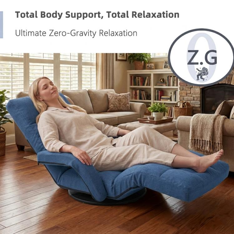 Blue zero-gravity recliner floor chair with padded seat, footrest, and swivel base