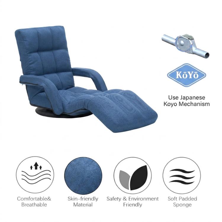 Blue padded floor recliner chair with footrest and armrests, Koyo mechanism