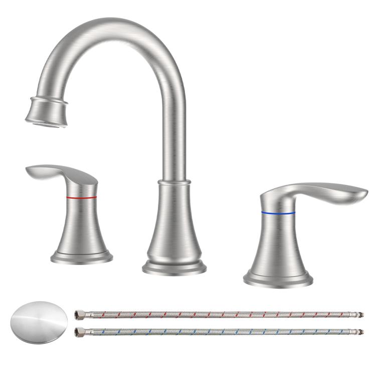 Brushed nickel widespread bathroom sink faucet with curved spout and two lever handles