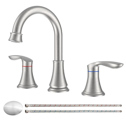 Brushed nickel widespread bathroom sink faucet with curved spout and two lever handles