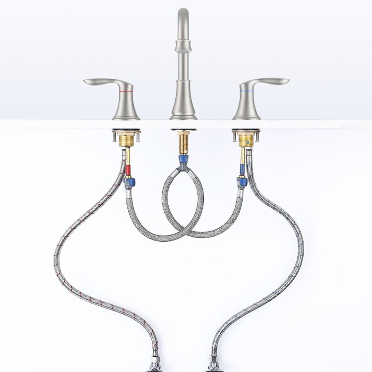 Brushed nickel widespread 3-hole bathroom faucet with curved spout and separate handles