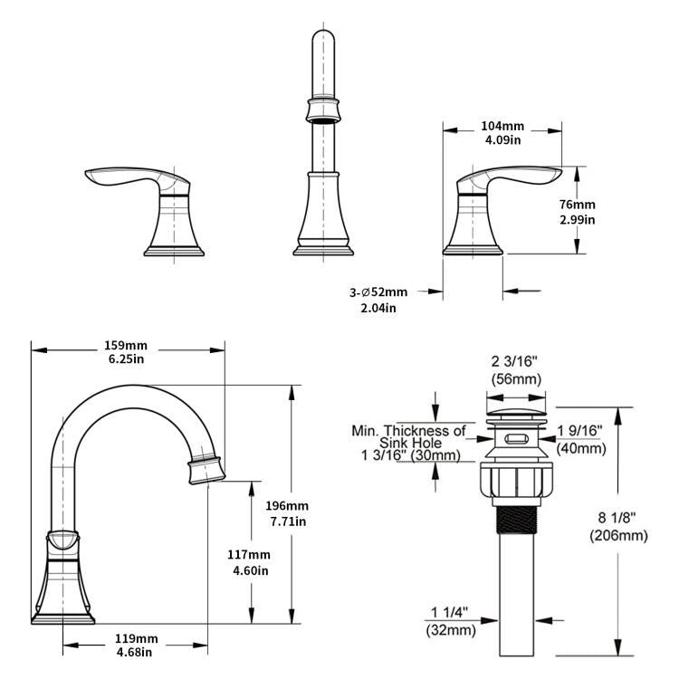 Brushed nickel widespread faucet with 3-hole layout, shown with measurement diagram